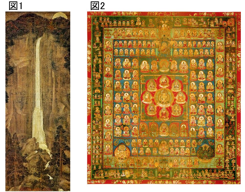 図1：国宝《那智瀧図》（鎌倉時代・根津美術館所蔵）
図2：国宝《胎蔵曼荼羅》（平安時代・東寺所蔵）